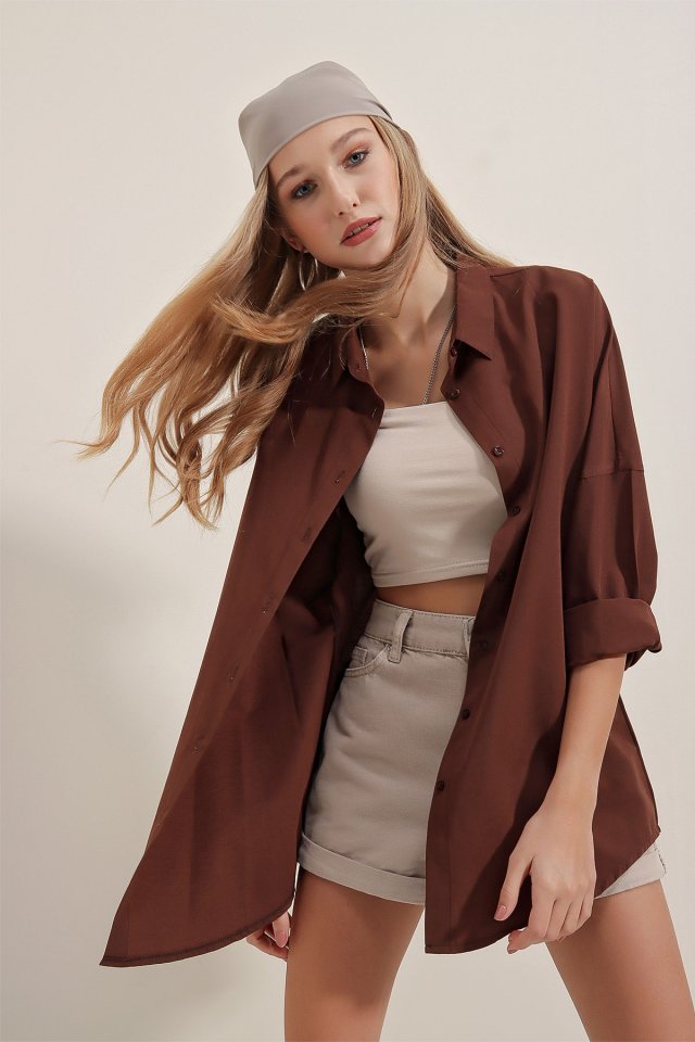 3900 Oversize Uzun Basic Gömlek - Koyu Lila
