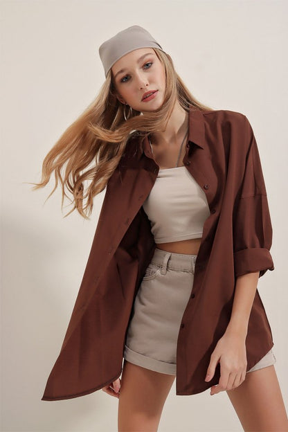 3900 Oversize Uzun Basic Gömlek - Koyu Lila