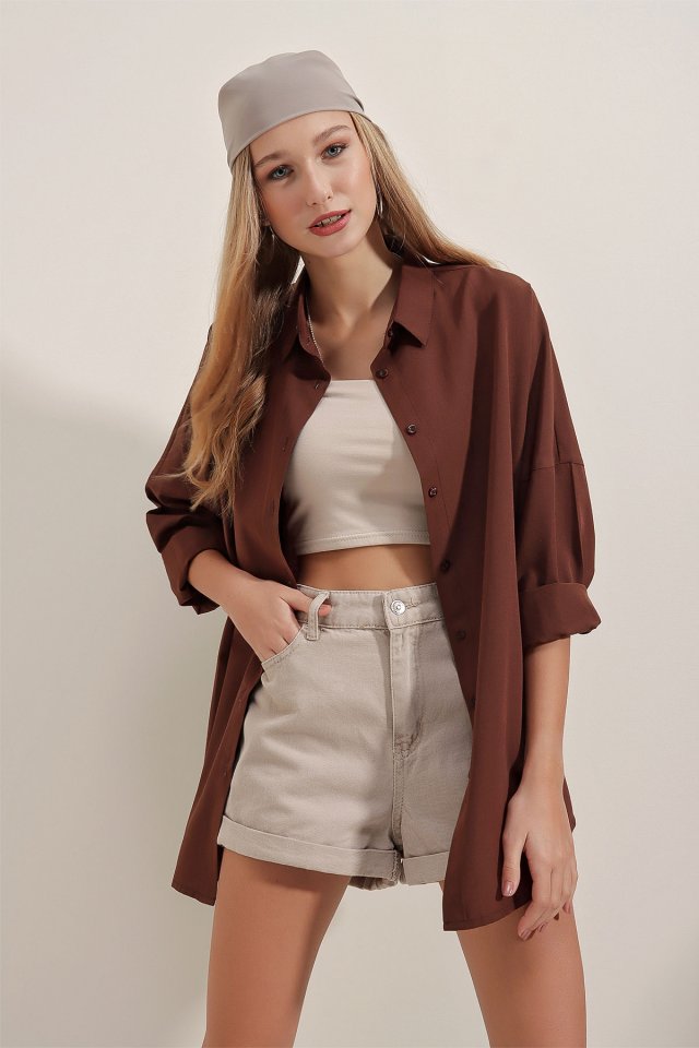 3900 Oversize Uzun Basic Gömlek - Koyu Lila