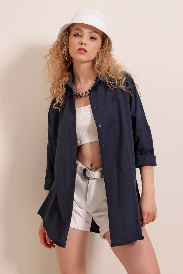 3900 Oversize Uzun Basic Gömlek - Koyu Lila