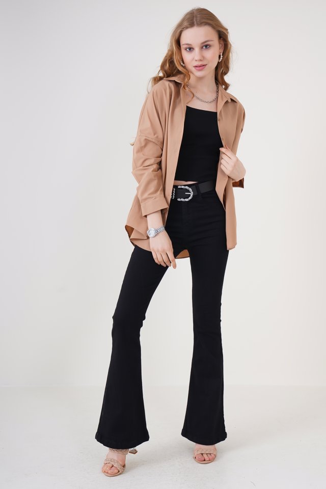 3900 Oversize Uzun Basic Gömlek - Koyu Lila
