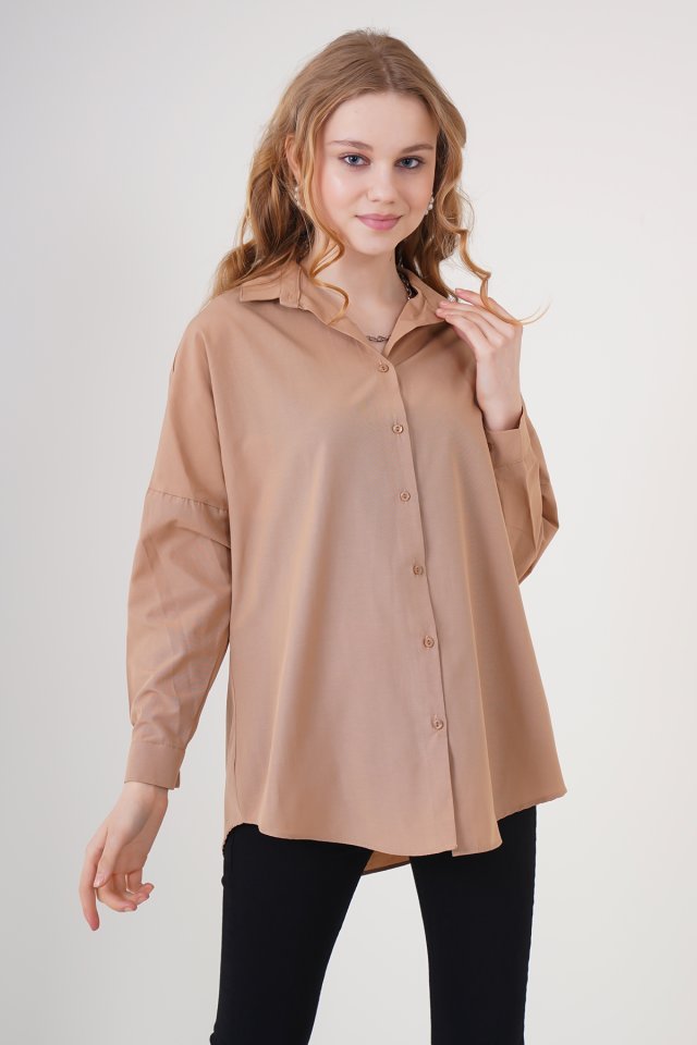 3900 Oversize Uzun Basic Gömlek - Koyu Lila