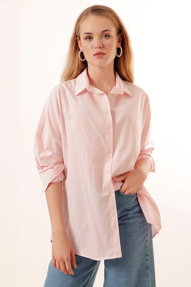3900 Oversize Uzun Basic Gömlek - Koyu Lila