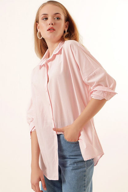 3900 Oversize Uzun Basic Gömlek - Koyu Lila