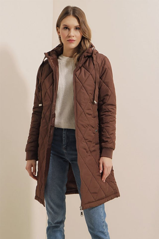 5138 Kapitone Uzun Şişme Mont - Bordo