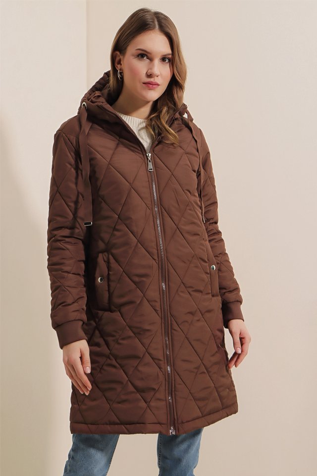 5138 Kapitone Uzun Şişme Mont - Bordo