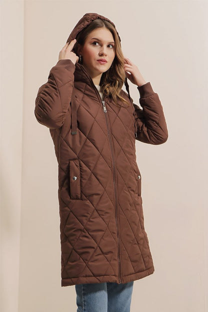 5138 Kapitone Uzun Şişme Mont - Bordo