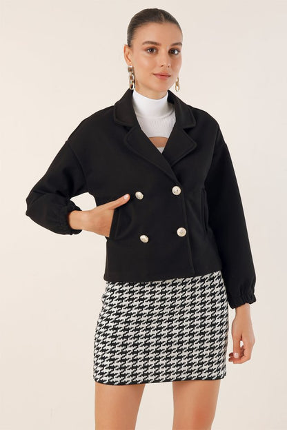 9117 Kruvaze Yaka Crop Ceket - Bej