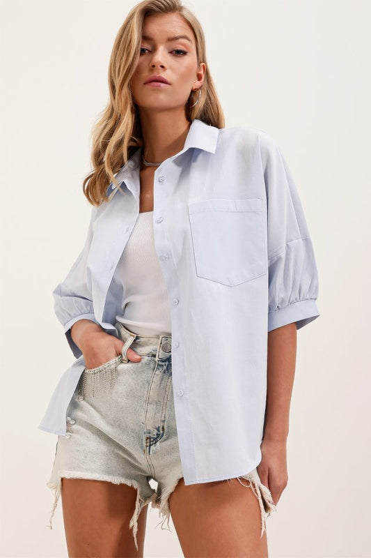 20213 Oversize Kısa Kol Basic Gömlek - Lila