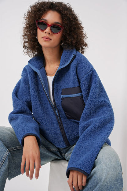 55446 Fermuarlı Oversize Peluş Ceket Mont - Krem