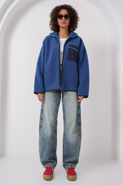 55446 Fermuarlı Oversize Peluş Ceket Mont - Krem