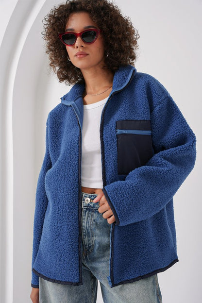 55446 Fermuarlı Oversize Peluş Ceket Mont - Krem