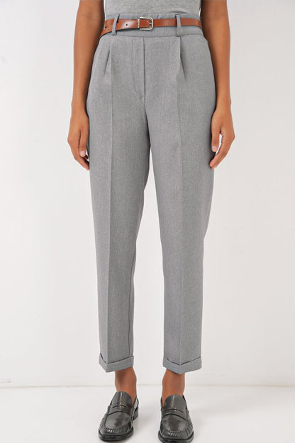 6686 Pileli Kemerli Kumaş Pantolon - Füme