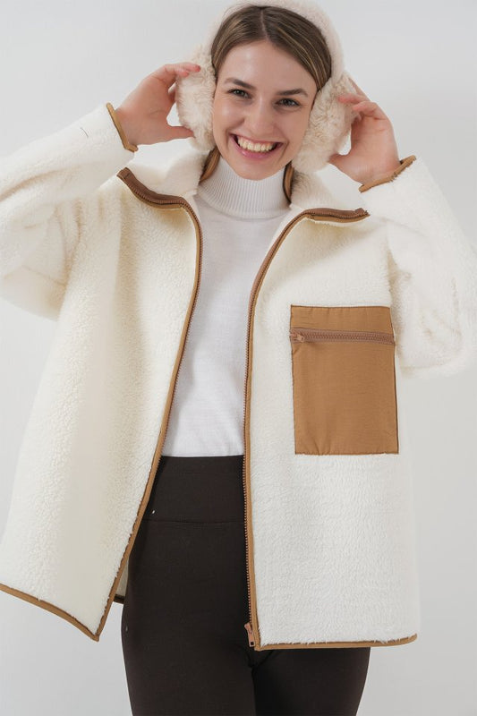55446 Fermuarlı Oversize Peluş Ceket Mont - Krem