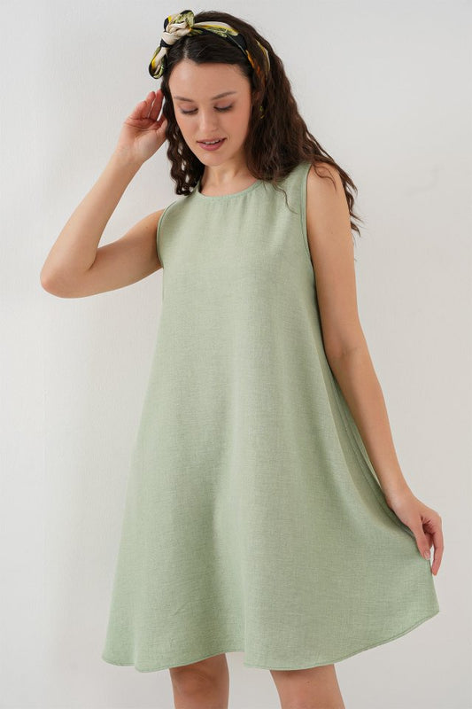 2444 Detaylı Mini Keten Elbise - Siyah