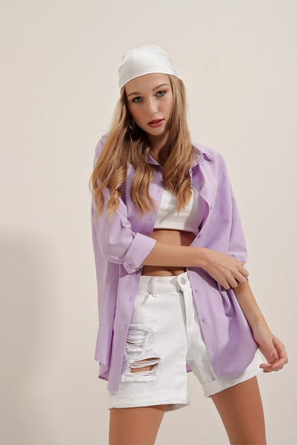 3900 Oversize Uzun Basic Gömlek - Koyu Lila