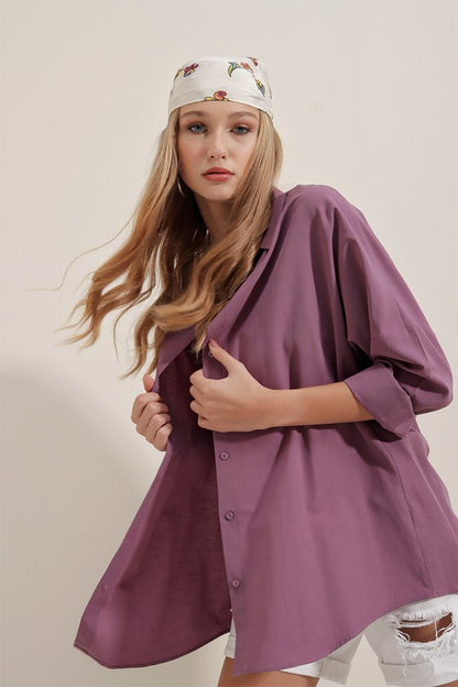 3900 Oversize Uzun Basic Gömlek - Koyu Lila