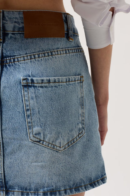 Asimetrik Kemer Denim Mini Etek