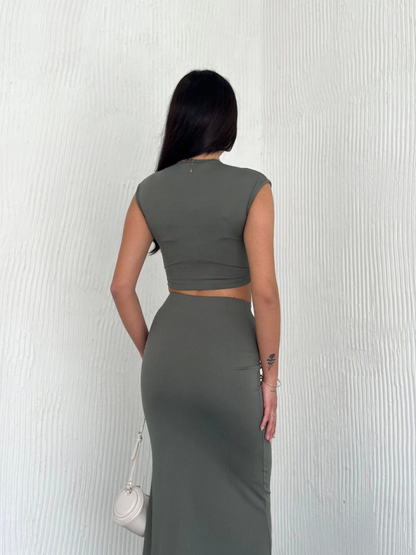 Osy Modal Yumuşak Dokulu Kumaş Büzgülü Crop Etek Takım - Mint Yeşili
