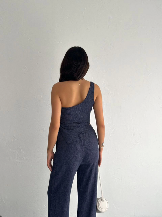 Asimetrik Crop Pantalon Ikili Takım - Lacivert