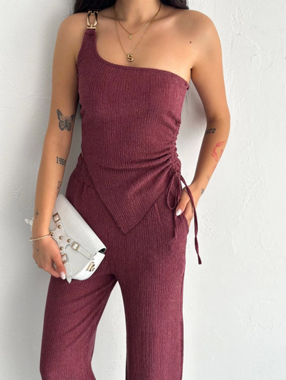 Asimetrik Crop Pantalon Ikili Takım - Gül Kurusu