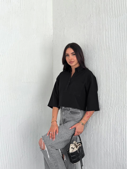 Crop Yakalı Gömlek Üç Çeyrek Sleeve Kol - Siyah