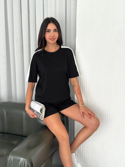 Osy Modal Yumuşak Dokulu Kumaş Parçalı Bisiklet Yaka T-shirt Kısa Şort İkili Takım - Siyah