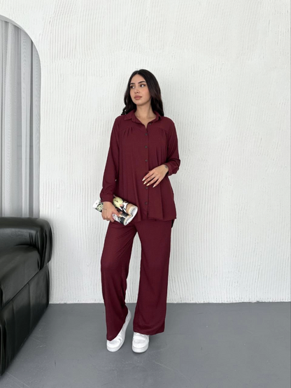 Yakalı Düğmeli Uzun Kollu Gömlek Pantolon Ikili Takım - Bordo