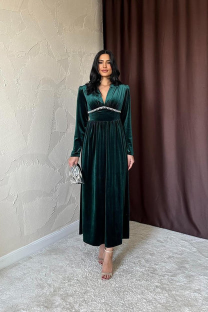 Saks Göğüs Altı Taşlı Elbise