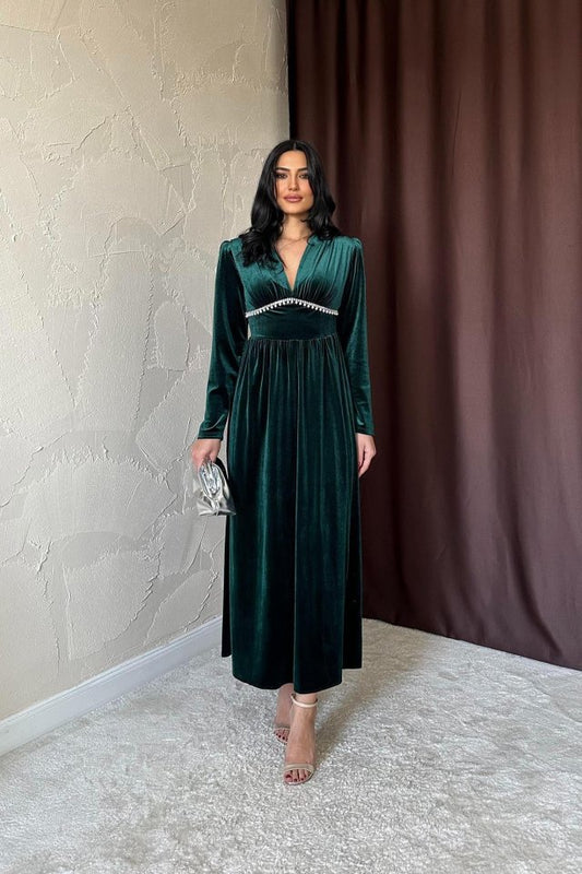 Saks Göğüs Altı Taşlı Elbise