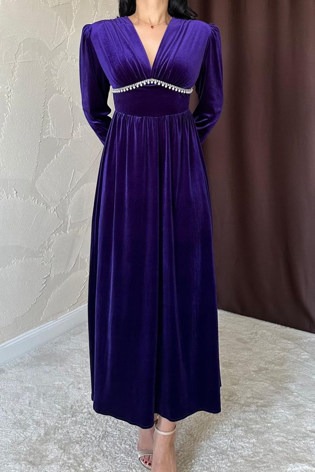 Saks Göğüs Altı Taşlı Elbise