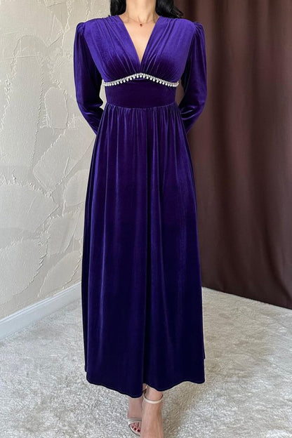 Saks Göğüs Altı Taşlı Elbise
