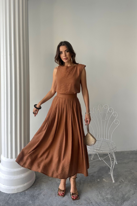 KETEN KOLSUZ BLUZ - MAXİ ETEK TAKIM - Pembe