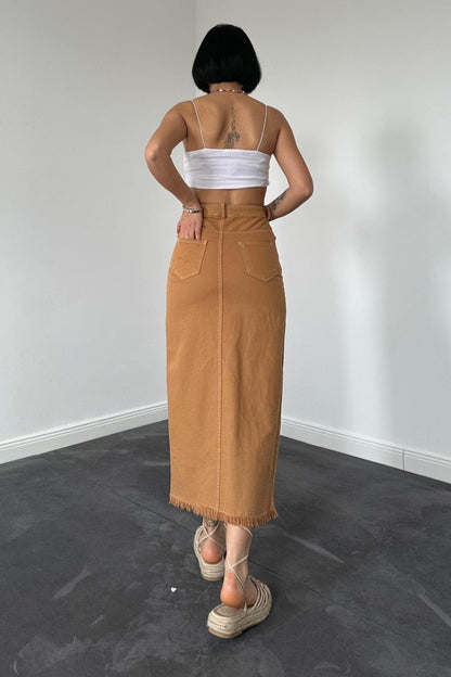 Camel Gabardin Boyamalı Püsküllü Etek